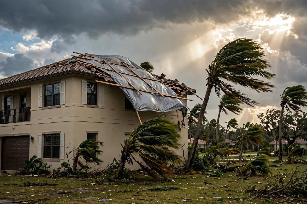 Emergency roof tarping protecting a storm-damaged roof in Orlando, Florida