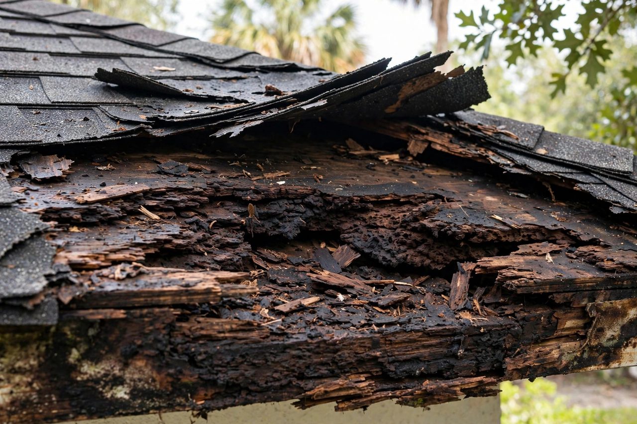 Illustrative before image showing a damaged Orlando roof area, geotagged to Orlando FL