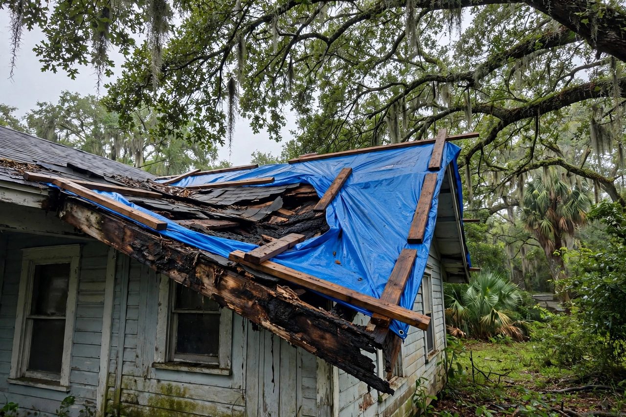 Emergency roof tarping protecting a storm-damaged roof in Orlando, Florida