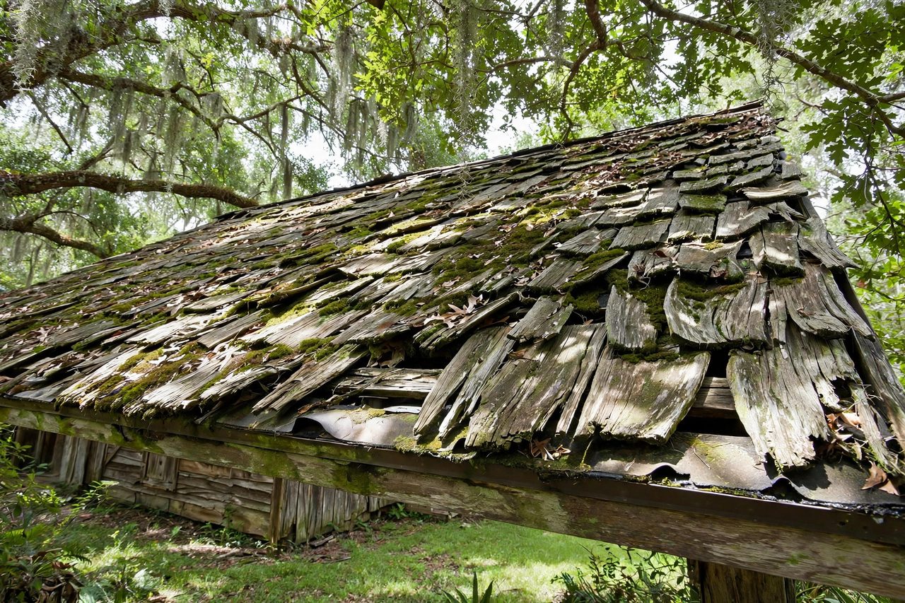 Illustrative before image showing a damaged Orlando roof area, geotagged to Orlando FL