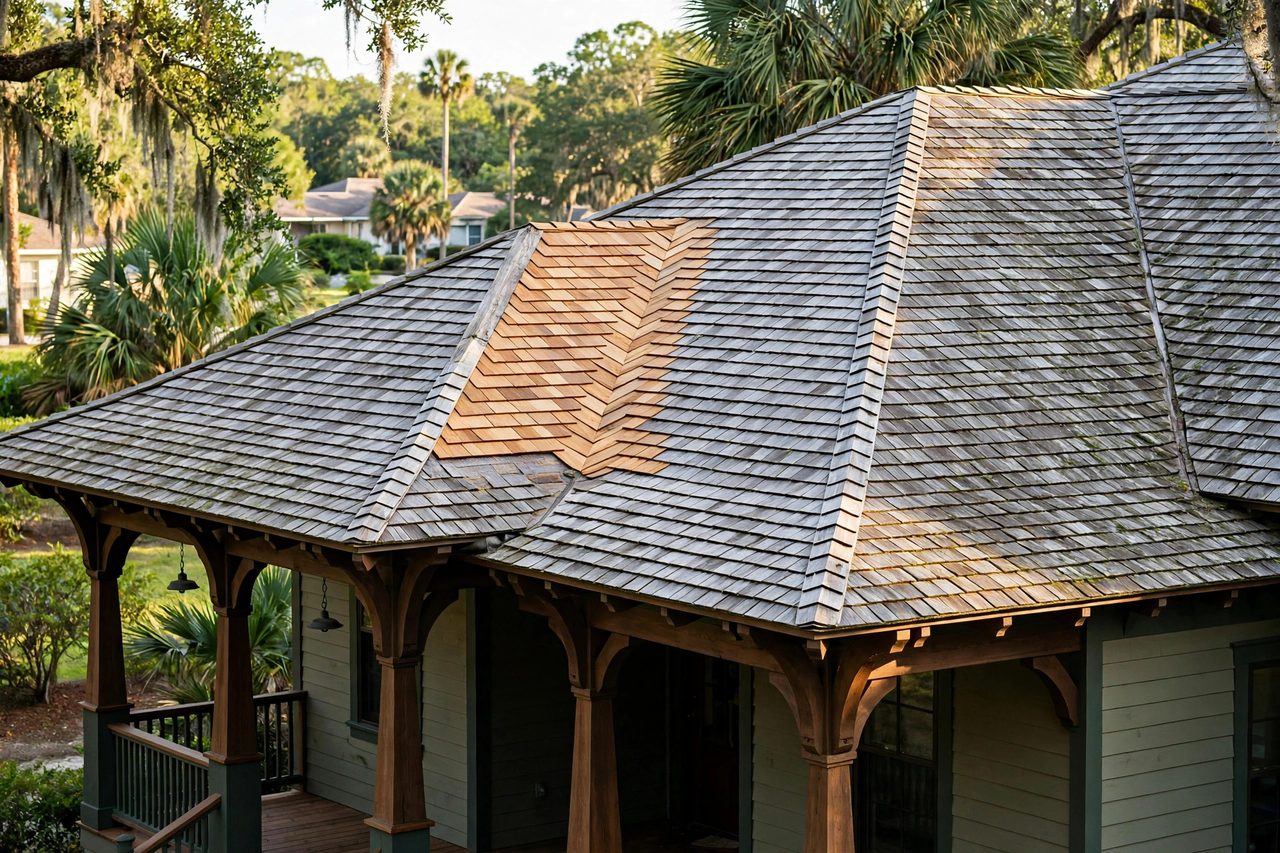 Illustrative after image showing a repaired Orlando roof area, geotagged to Orlando FL