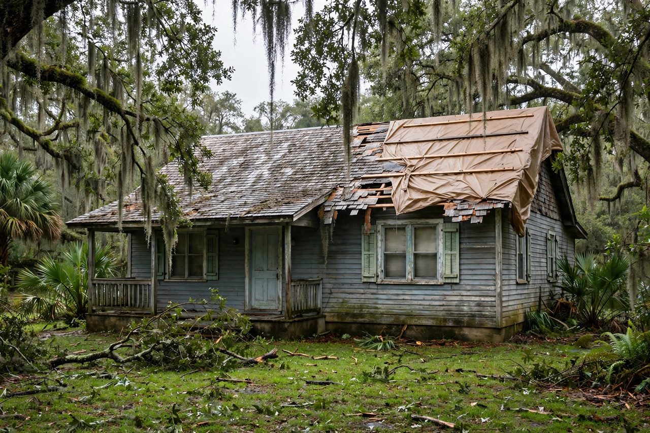 Emergency roof tarping protecting a storm-damaged roof in Orlando, Florida