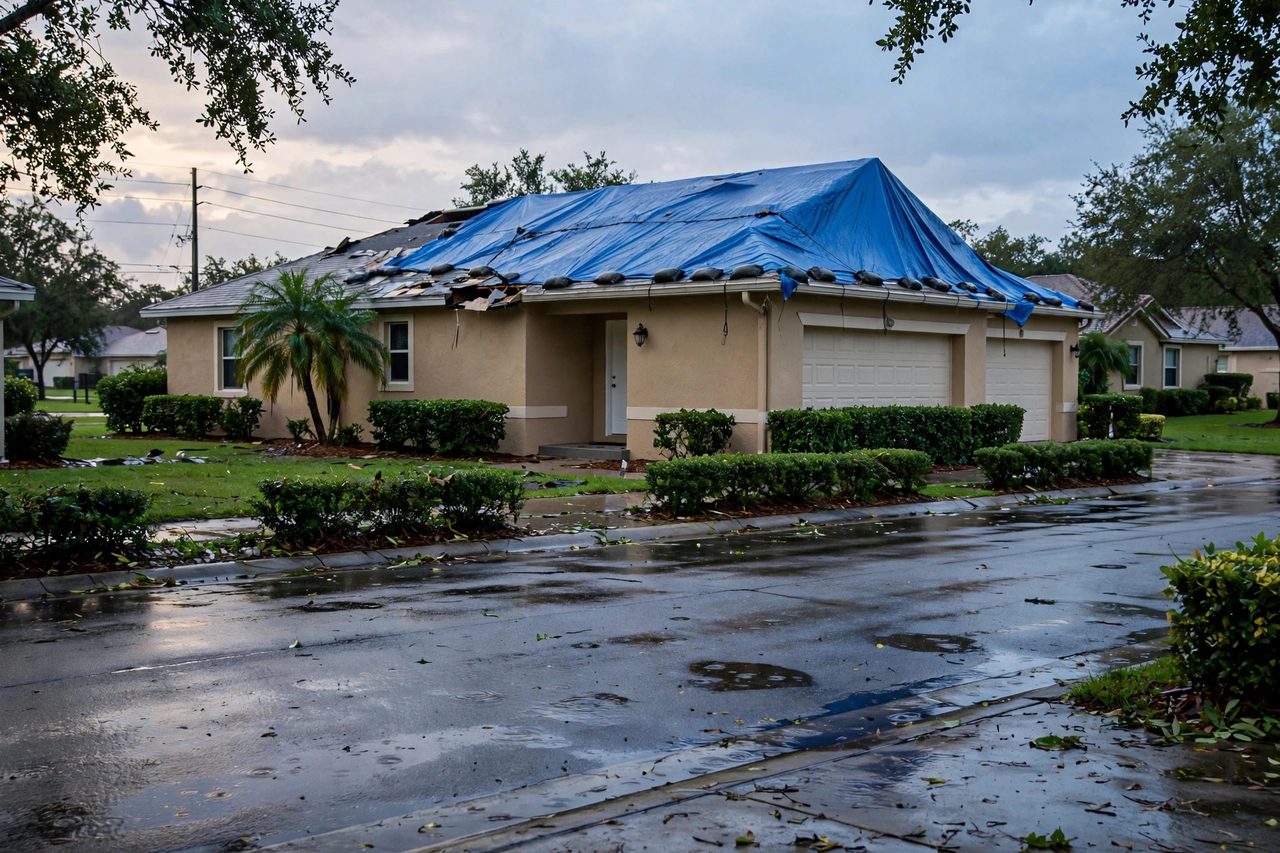 Emergency roof tarping protecting a storm-damaged roof in Orlando, Florida