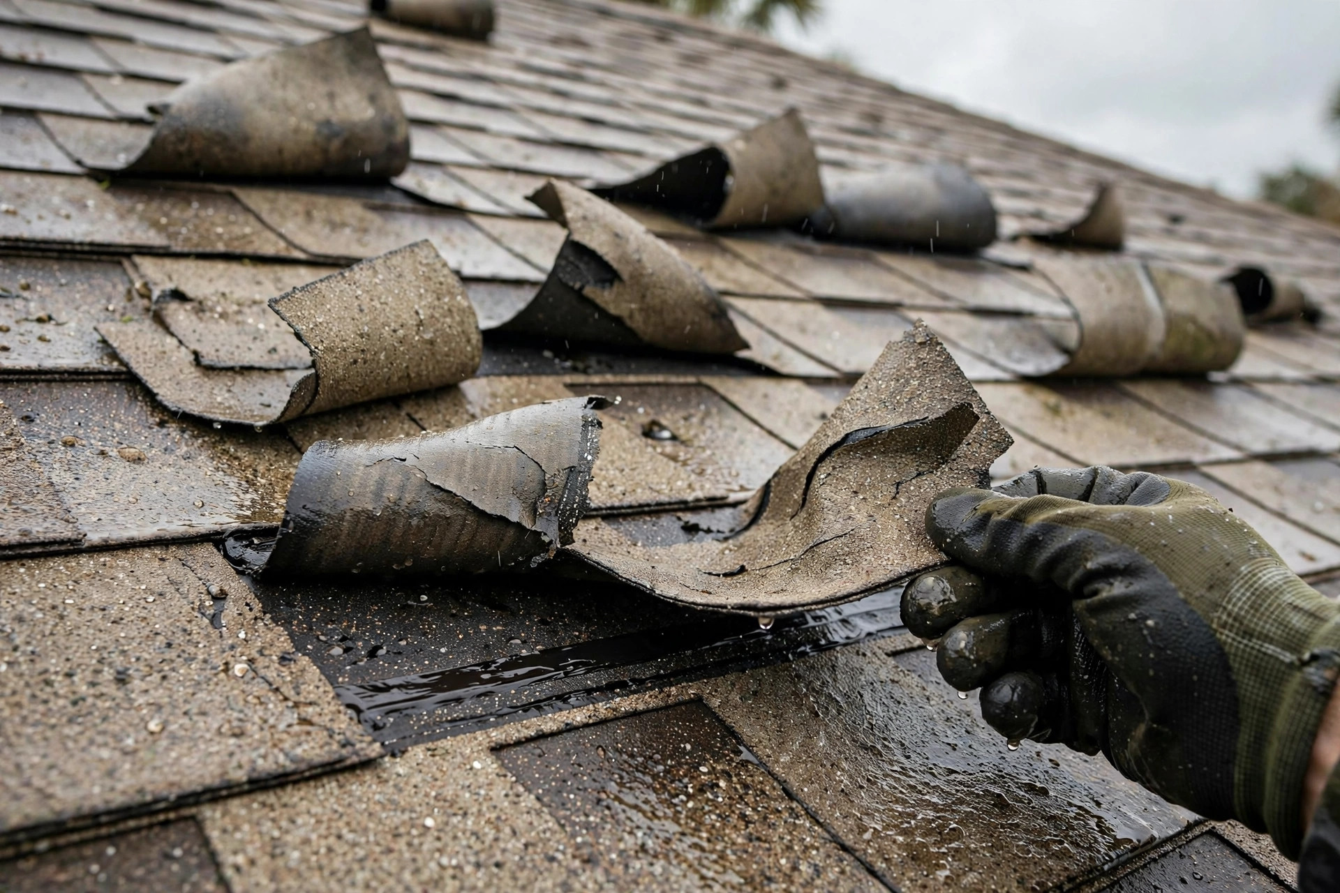Wind damage roof repair in Orlando FL, lifted and creased shingles inspected after a storm