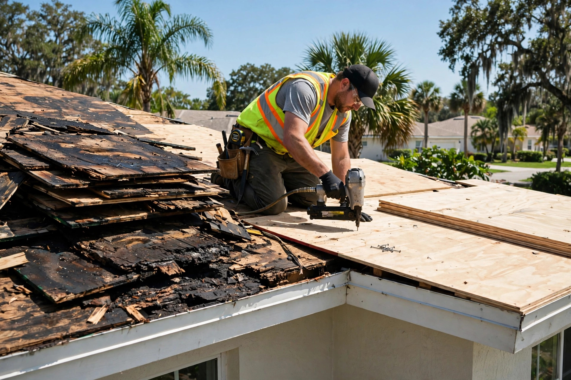 Wood rot repair in Orlando FL, rotted roof decking boards replaced with fresh plywood