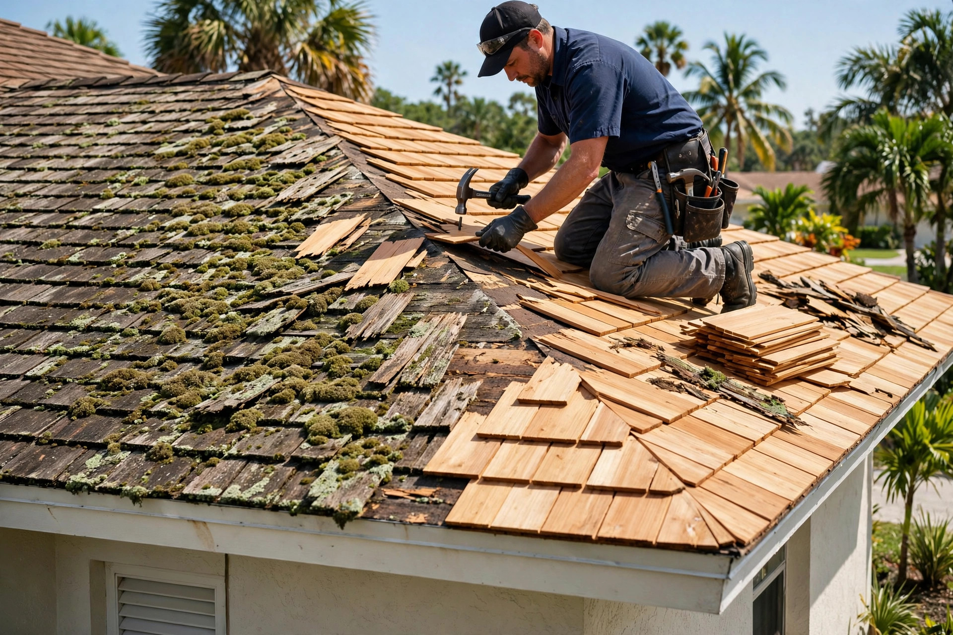 Wood shake roof repair in Orlando FL, new cedar shakes fitted among weathered shakes